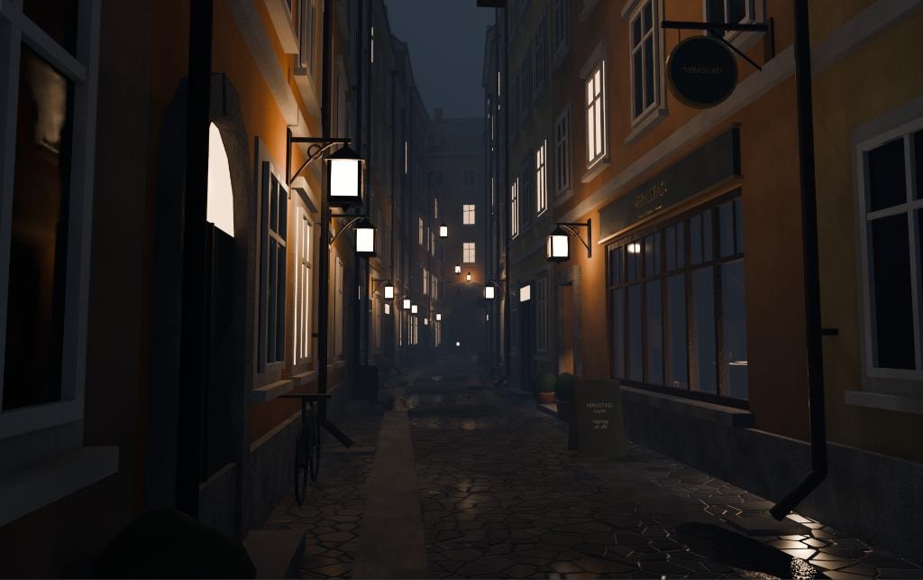 Weatherworn — atmospheric cobblestone alley at night